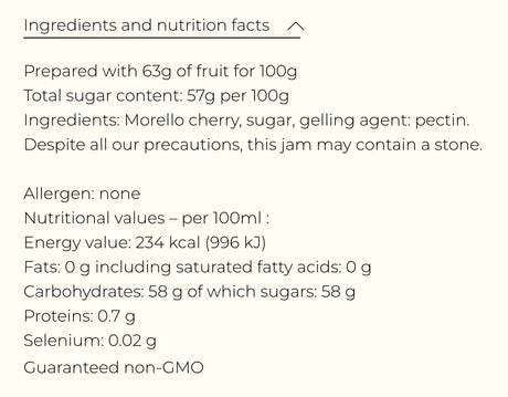 Ingredients and nutrition facts label for Morello cherry jam, non-GMO, allergen-free, French Pantry.