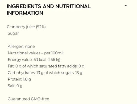 Cranberry juice ingredients and nutrition facts from The French Pantry, GMO-free, no allergens.