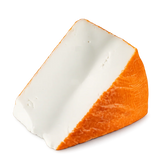 Wedge of French artisan cheese with orange rind and creamy white interior