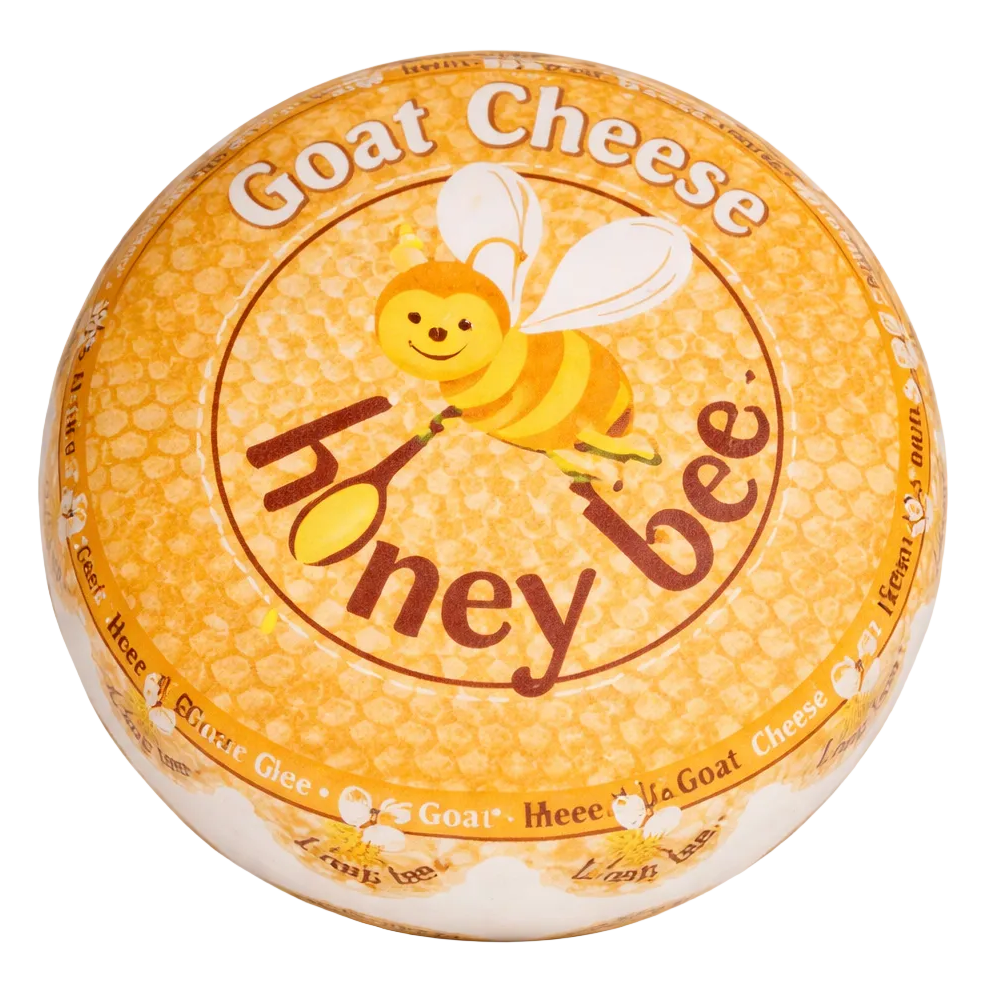 Round Honey Bee goat cheese wheel with honeycomb-patterned label and cartoon bee