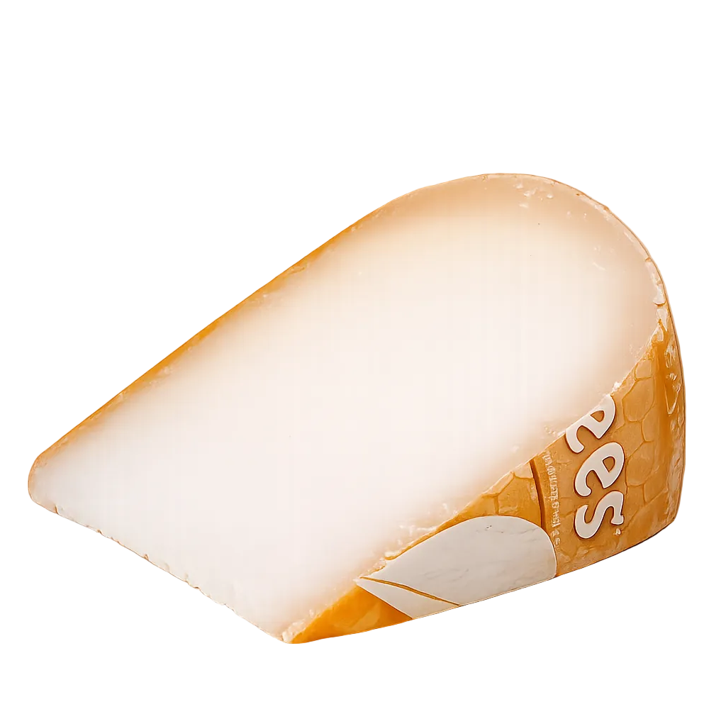 Wedge of French artisan cheese with natural rind, creamy white interior
