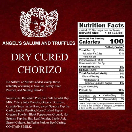 Dry Cured Chorizo nutrition label and ingredients from Angel's Salumi and Truffles, premium French Pantry product.
