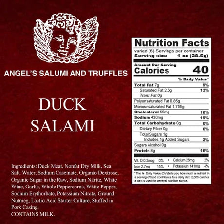 Duck salami nutrition label and ingredients, Angel’s Salumi, premium French charcuterie product.