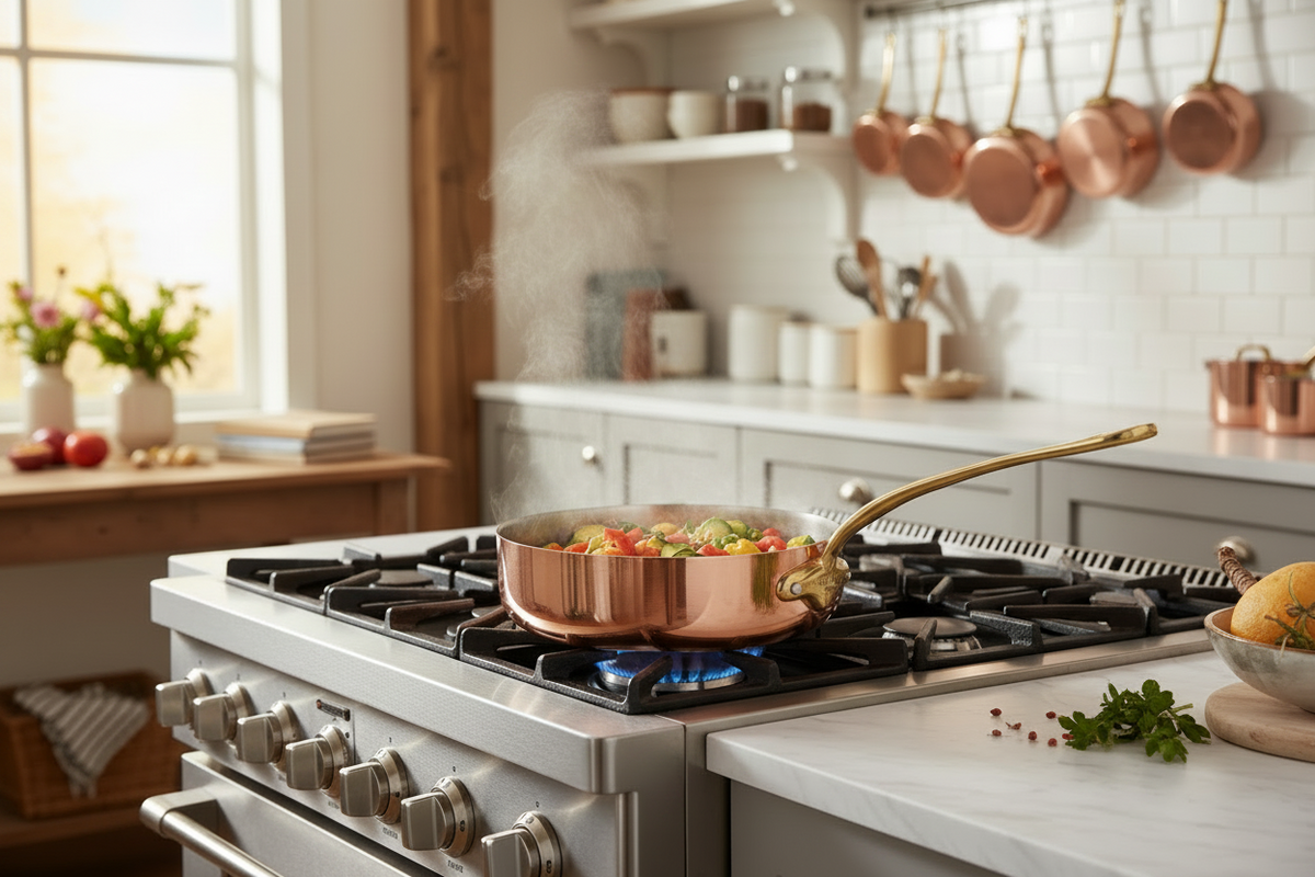 Mauviel 1830 M'Heritage M'150 B Copper Saute Pan With Lid, Brass Handle