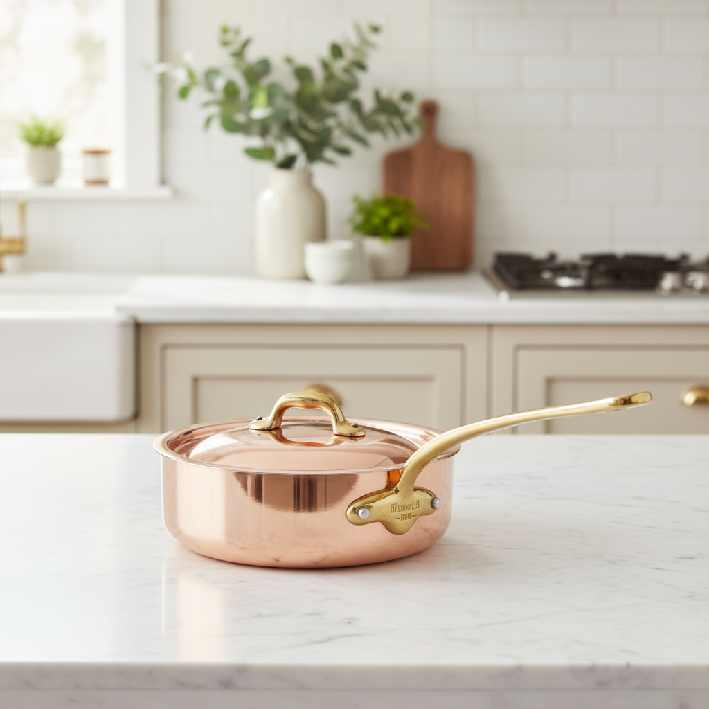 Mauviel 1830 M'Heritage M'150 B Copper Saute Pan With Lid, Brass Handle