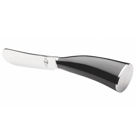 French butter knife with stainless steel blade and black horn tip handle on white background