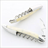 Two Laguiole corkscrews with bone handles, one open showing a silver blade and one closed.
