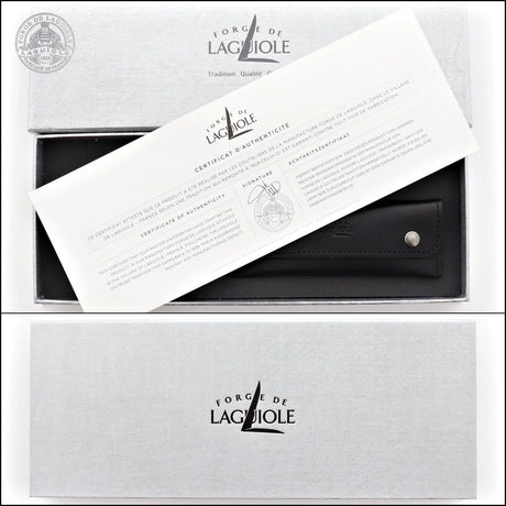 Forge de Laguiole certificate of authenticity card resting on a white product box.