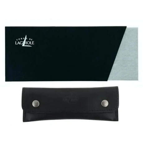 Forge de Laguiole black rectangular box and black leather knife sheath with silver studs.