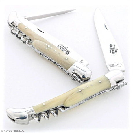 French Laguiole folding knife with horn tip handle, corkscrew, awl, and stainless blade