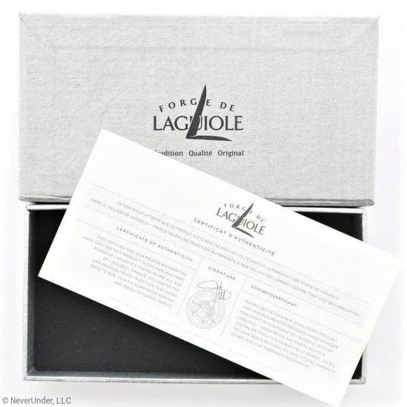 Elegant gray gift box with authenticity certificate for premium Laguiole cutlery.