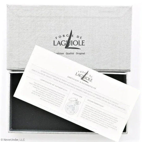 Elegant gray gift box with authenticity certificate for premium Laguiole cutlery.