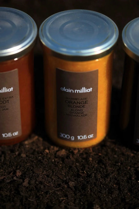 Alain Milliat orange marmalade jar, premium French jam, on dark soil background