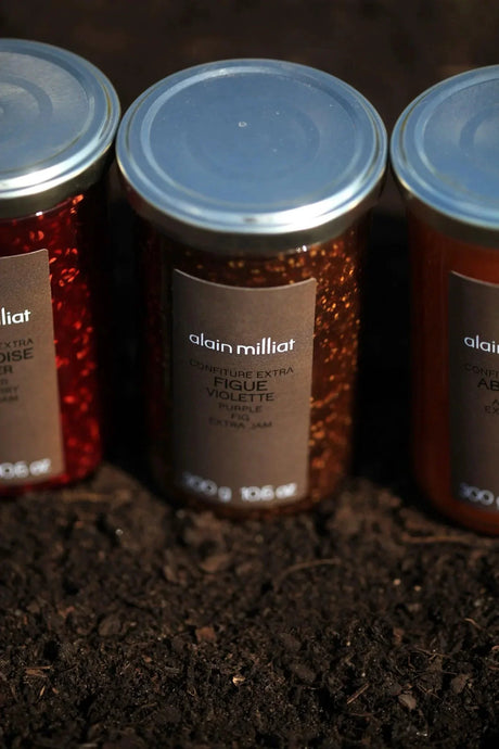Alain Milliat French fig jam jar with premium label on dark soil, gourmet pantry product