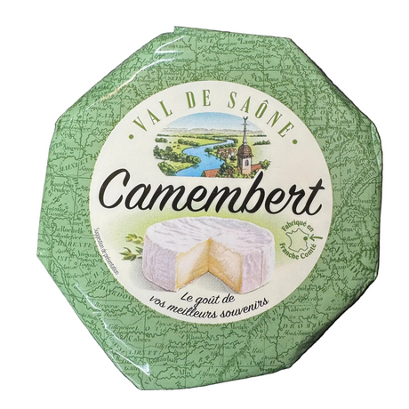 Camembert cheese packaging with green lid on a dark background