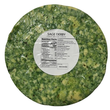 Round green cheese wheel with a label on a white background