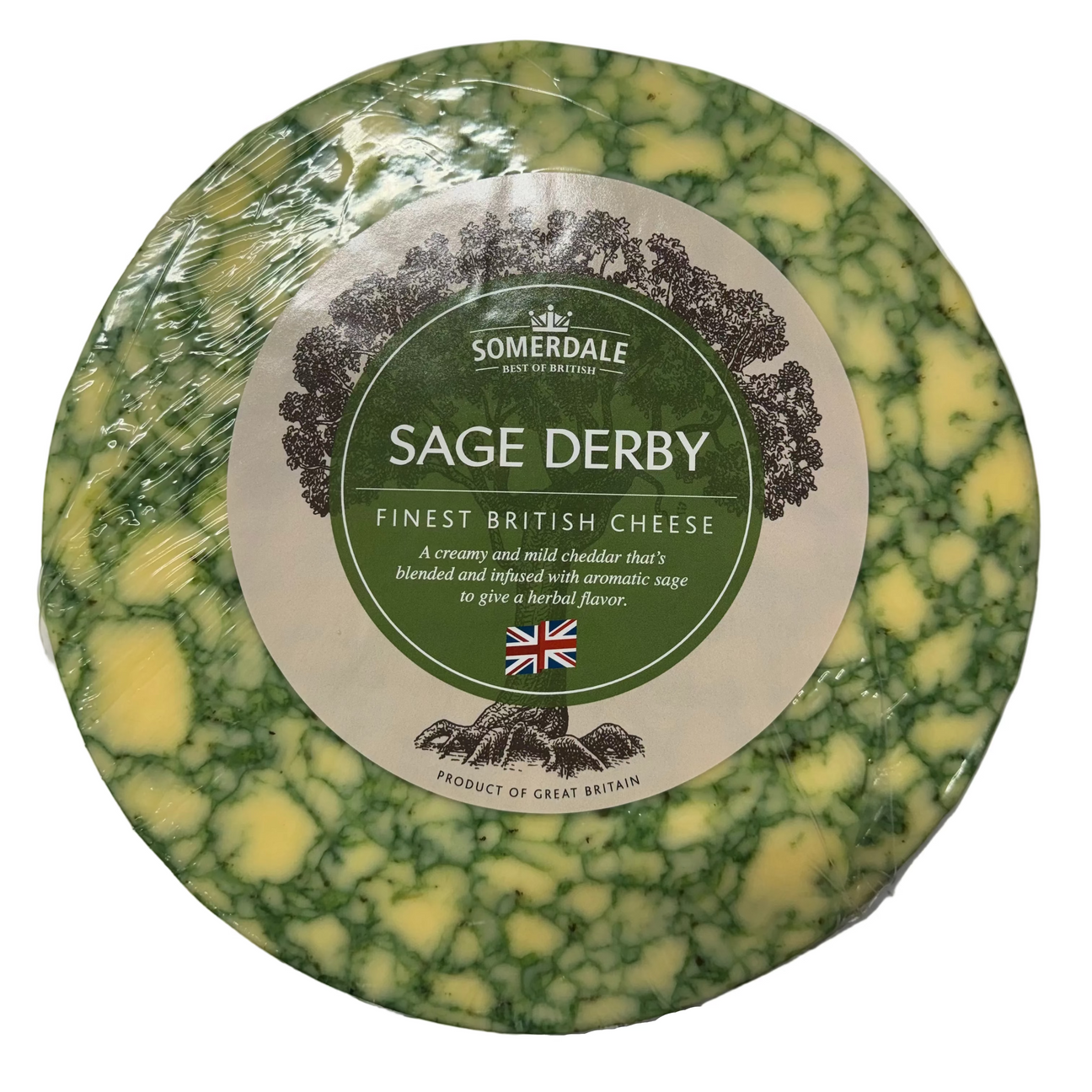 Sage Derby British cheese wheel, creamy mild cheddar infused with aromatic sage, herbal flavor, product of Great Britain
