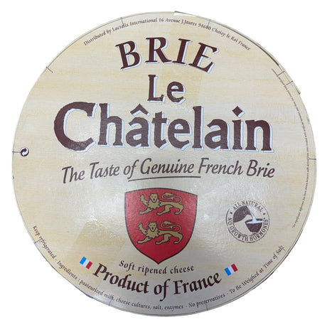 Circular wooden box for Le Châtelain Brie soft ripened cheese.
