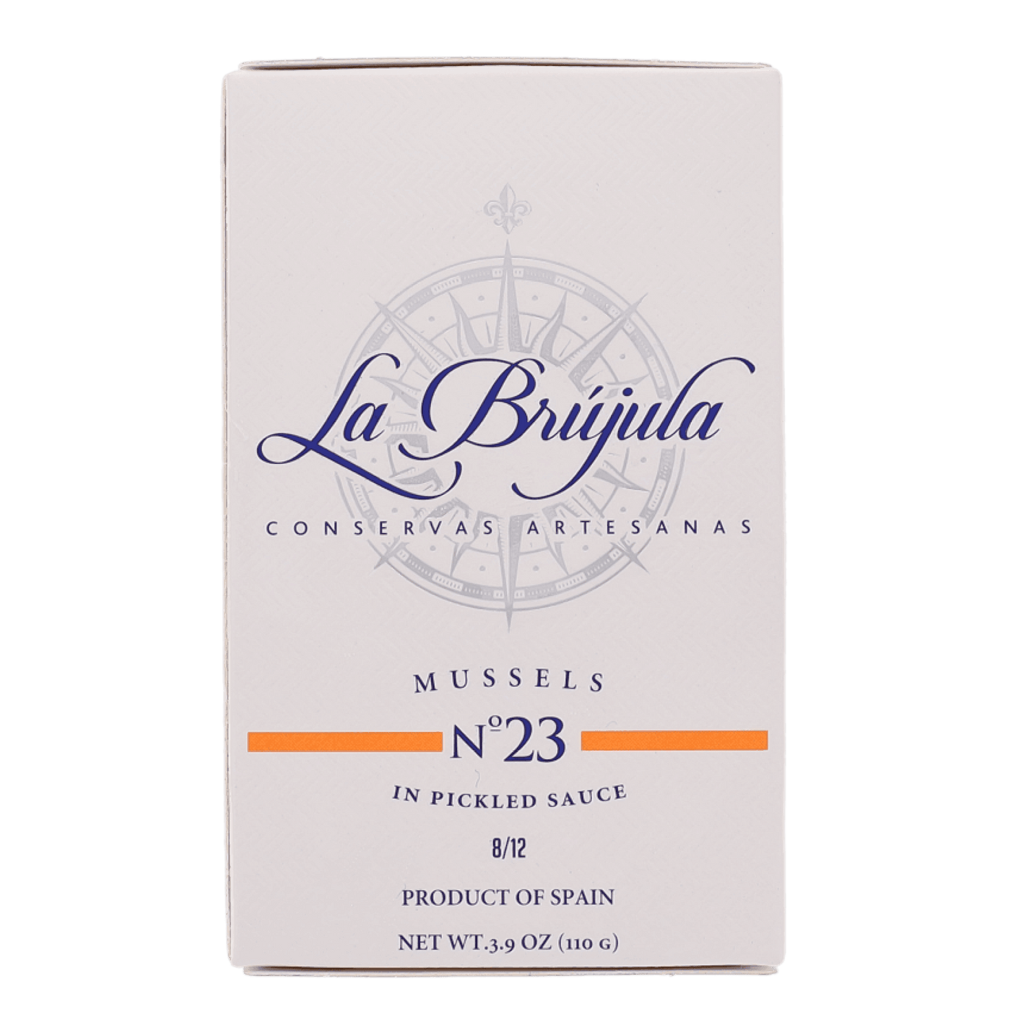 La Brújula Mussels No.23 in pickled sauce, Spanish gourmet seafood tin, 3.9 oz box