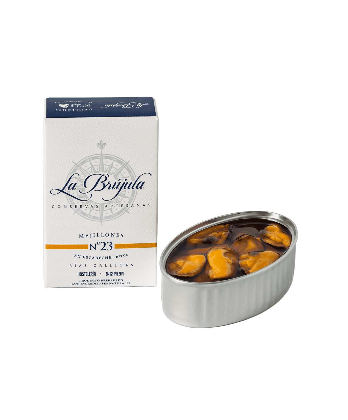 La Brújula Spanish canned mussels No.23 in tin with artisan packaging, premium gourmet seafood