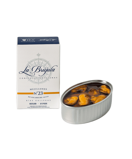La Brújula Spanish canned mussels No.23 in tin with artisan packaging, premium gourmet seafood