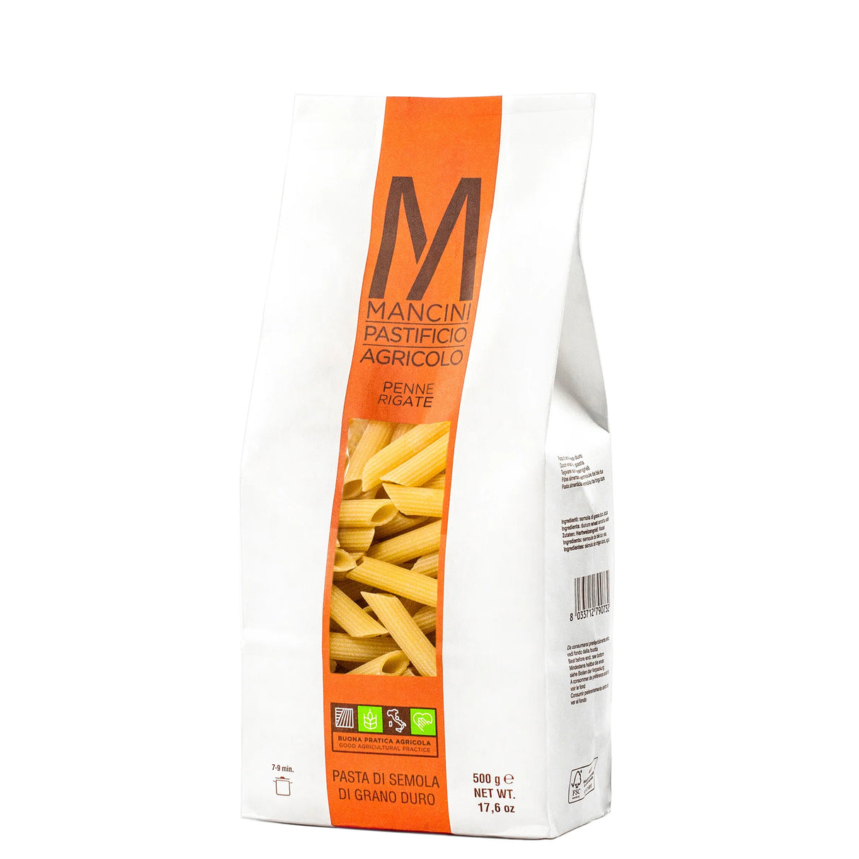 Penne Rigate Pasta by Mancini Pastificio Agricolo (17.6 oz) | Semolina and water only | Imported from Italy