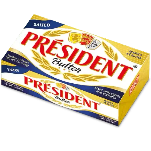 Président salted butter bar in gold, white, and red packaging, 7oz, with French labeling