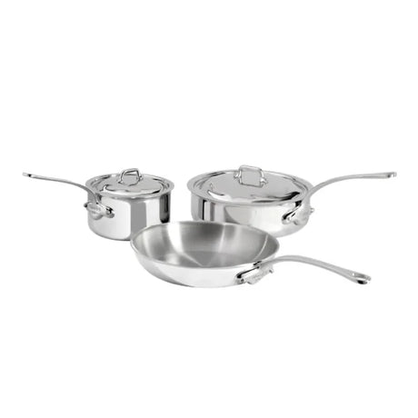 Stainless steel saucepan, sauté pan, and frying pan with lids and long handles.