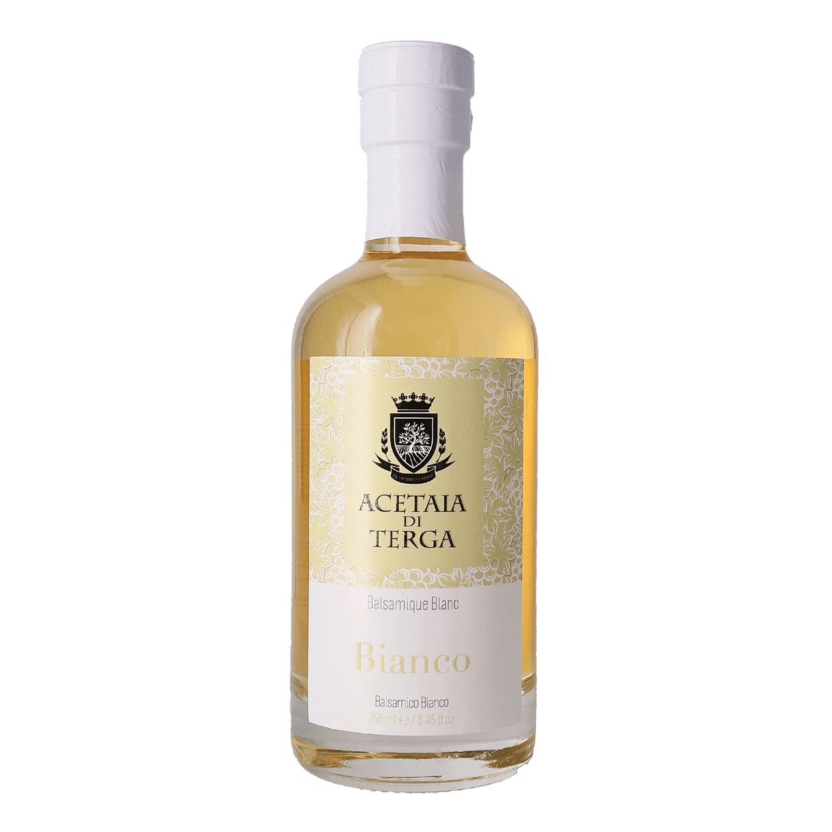 250ml bottle of Acetaia di Terga Bianco white balsamic vinegar with elegant gold and white label