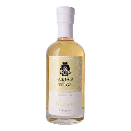 250ml bottle of Acetaia di Terga Bianco white balsamic vinegar with elegant gold and white label