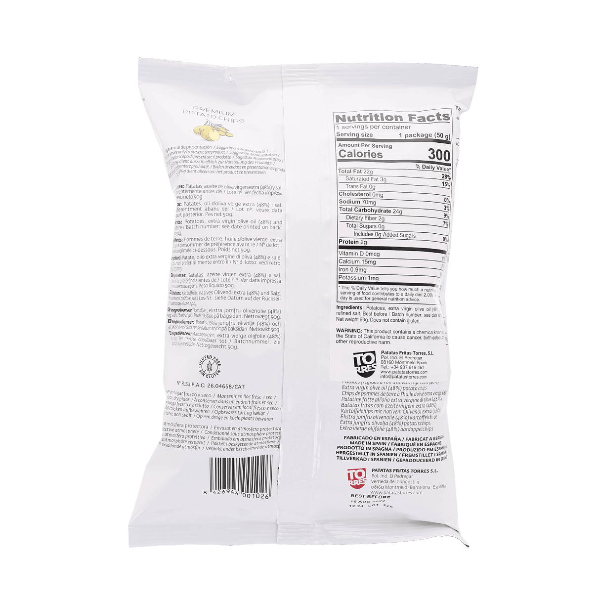 100% Extra Virgin Olive Oil Potato Chips by Torres (1.8 oz) | Additive-Free | Imported from Spain