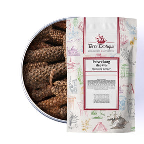 Java long pepper in a round tin with illustrated packaging labeled Poivre long de Java.
