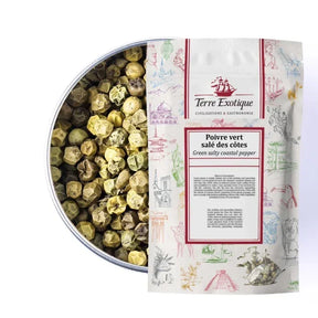 Terre Exotique green salty coastal pepper in tin, artisan Malagasy gourmet spice, premium quality, all-natural