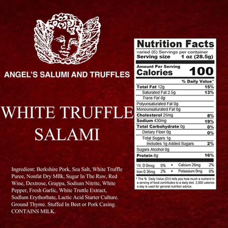Angel’s Salumi White Truffle Salami nutrition label and ingredients, French gourmet charcuterie.