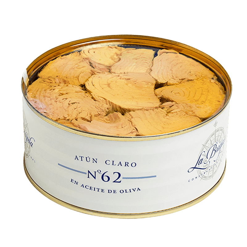 Open can of premium yellowfin tuna in olive oil, gourmet French pantry item