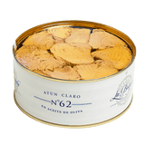 Open can of premium yellowfin tuna in olive oil, gourmet French pantry item