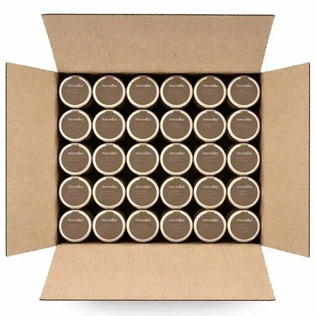 A cardboard box filled with small jars of Alain Milliat jam.