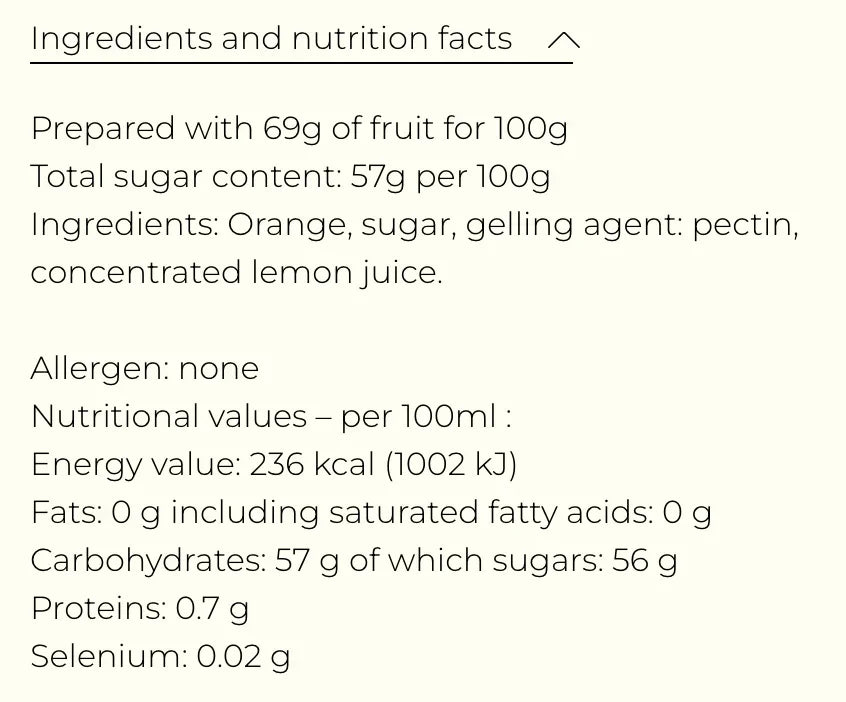 Orange jam nutrition facts: 69g fruit per 100g, no allergens, 57g sugar, clean-label, all-natural ingredients