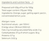 Orange jam nutrition facts: 69g fruit per 100g, no allergens, 57g sugar, clean-label, all-natural ingredients