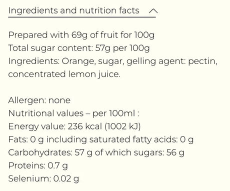 Nutrition facts and ingredients for orange jam with pectin and lemon juice, no allergens, high in sugar