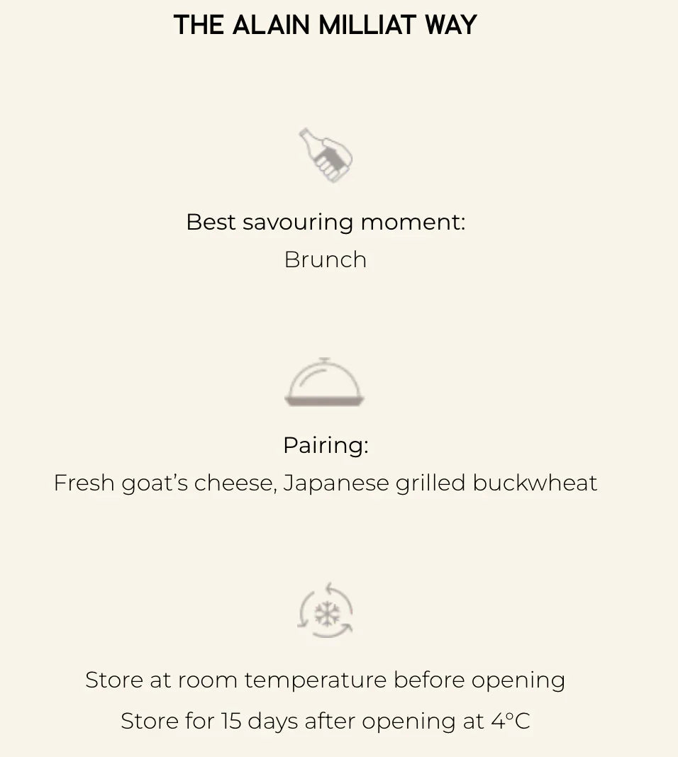 Alain Milliat product guide: best with brunch, pairs with goat cheese & buckwheat, store at room temp before opening