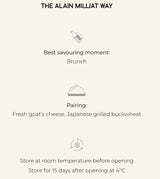 Alain Milliat product guide: best with brunch, pairs with goat cheese & buckwheat, store at room temp before opening