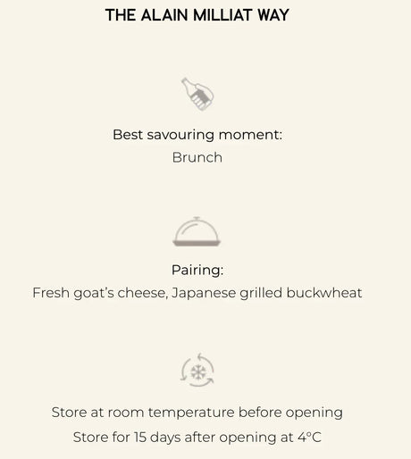 Alain Milliat product guide: best with brunch, pairs with goat cheese & buckwheat, store at room temp