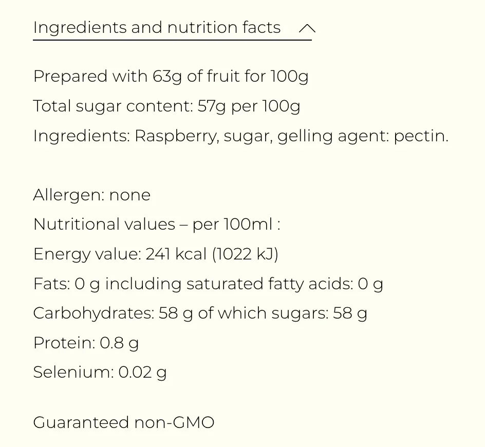 Raspberry jam ingredients & nutrition facts: non-GMO, no allergens, 63g fruit per 100g, 57g sugar