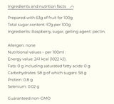 Raspberry jam ingredients & nutrition facts: non-GMO, no allergens, 63g fruit per 100g, 57g sugar