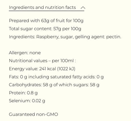 Raspberry jam ingredients & nutrition facts: non-GMO, no allergens, 63g fruit per 100g, 57g sugar