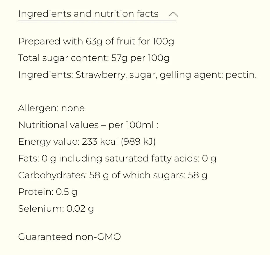 Strawberry jam nutrition facts: non-GMO, 63g fruit per 100g, no allergens, clean-label ingredients