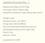 Strawberry jam nutrition facts: non-GMO, 63g fruit per 100g, no allergens, clean-label ingredients
