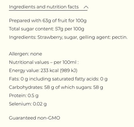 Strawberry jam nutrition facts: non-GMO, 63g fruit per 100g, no allergens, clean-label ingredients