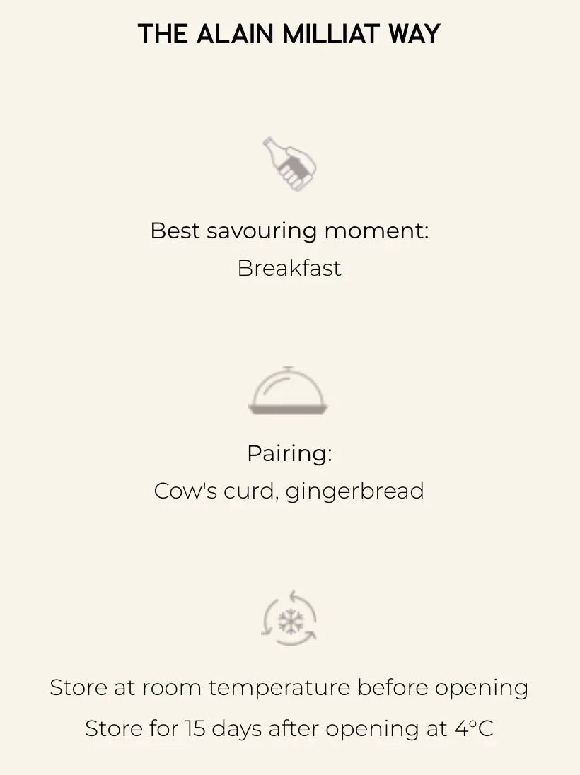 Alain Milliat product guide: best for breakfast, pairs with cow's curd & gingerbread, store at room temp or 4°C